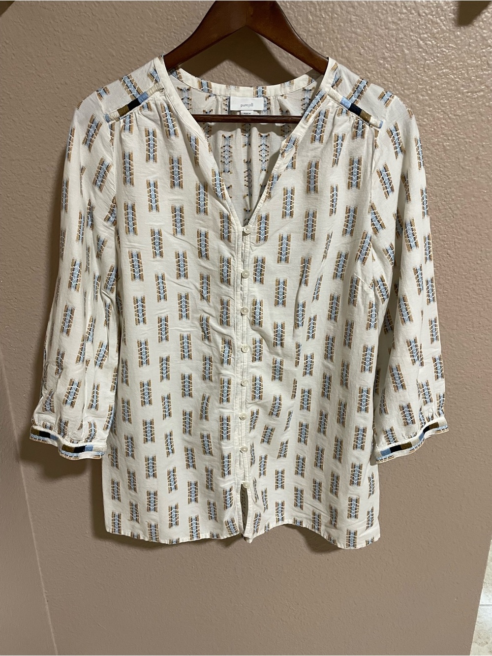 Pure Jill Cream Printed Button-Front Blouse with Blue Accents